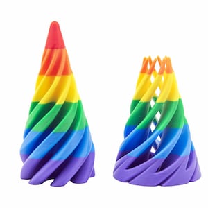 May include: Two rainbow-coloured, spiral-shaped decorative objects. The larger one is a tall cone, and the smaller one has three cones. The colours are red, orange, yellow, green, blue, and purple.