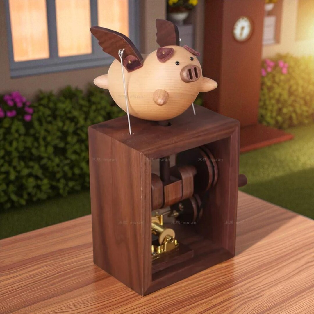 Handcrafted Pig Music Box: Wooden Automata Toy, Creative Newborn Gift ...