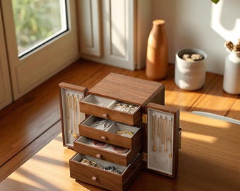 Handmade Walnut Jewelry Box: Large Rustic Wood Organizer