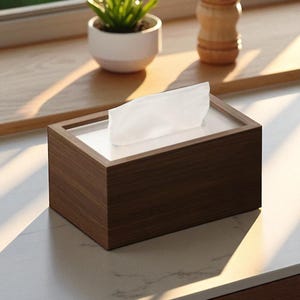 Puede incluir: Un dispensador de pañuelos de madera rectangular con acabado marrón oscuro. La caja tiene un interior blanco y una abertura rectangular en la parte superior, con pañuelos blancos visibles. La caja está sobre una superficie blanca.