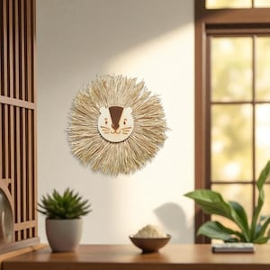 Boho Lion Head Wall Decor – Raffia Safari Jungle Nursery Art – Kids Room Animal Trophy – Bohemian Baby Room Safari Vibes
