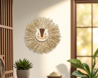 Cabeza de león de rafia bohemia: decoración de pared para habitación infantil de safari