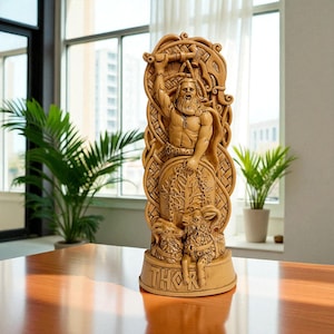 Thor Norse God Statue | Viking Pagan Decor | Scandinavian Mythology Gift | Allfather Wood Carving | Handmade Nordic Art Sculpture