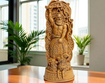 Hand Carved Thor Statue: Nordic Wood Sculpture, Viking Decor