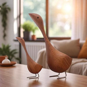 Teak Goose Sculpture Set: Nordic Rustic Home Decor