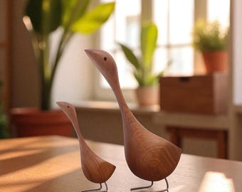Handgemaakte teakhouten gansset – Scandinavische houten vogelsculpturen | Minimalistisch rustiek woondecoratiecadeau
