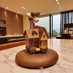 Wooden Balloon House Music Box – Rotating Singing Wood Toy, Handmade Automata, Carved Wood Art Gift for Birthday or Nursery Decor