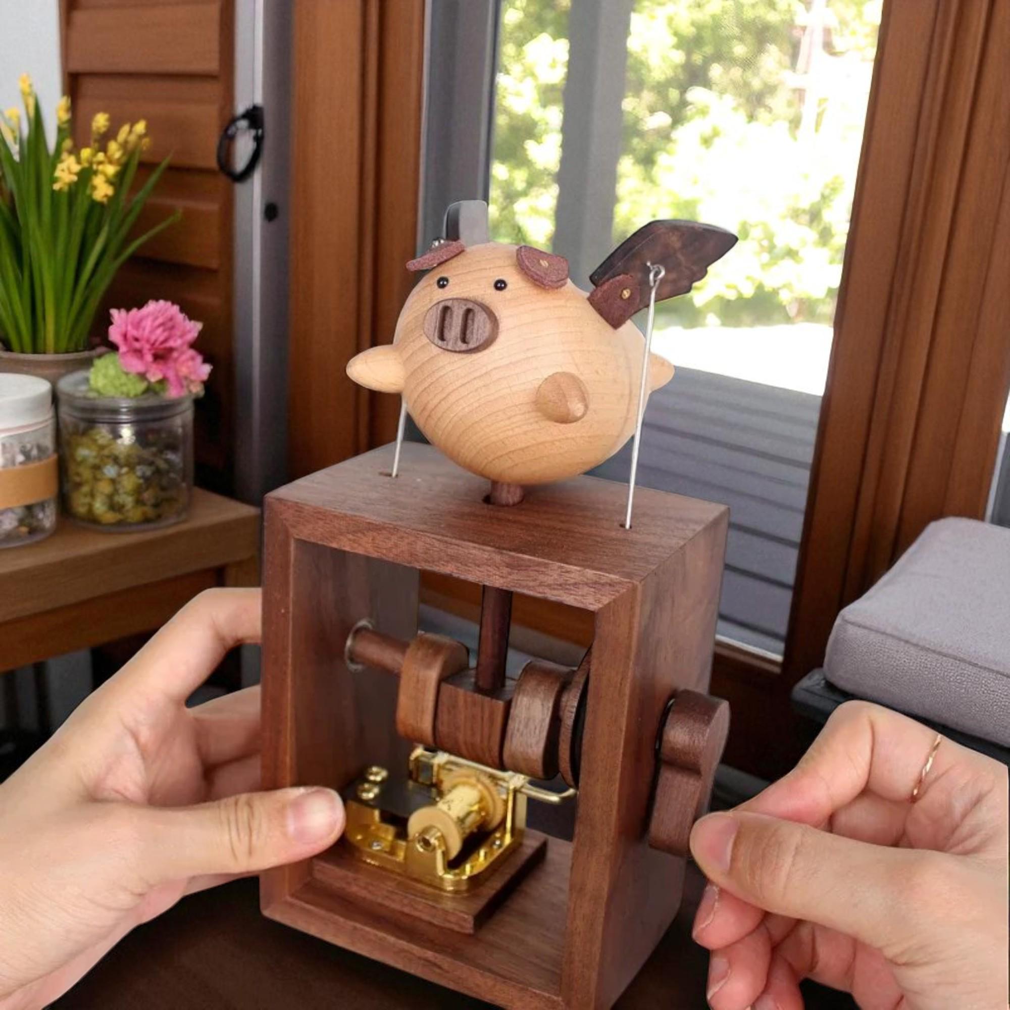 手作りの豚のオルゴール：木製のオートマタおもちゃ、クリエイティブな