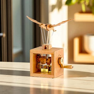Handmade Wooden Flying Bird Music Box – Personalized Automata Sculpture, Hand-Crank Mechanical Toy, Dragon Figurine, Unique Gift for Him/Her