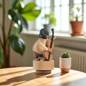 Wooden Dog Playing Cello – Handmade Animal Figurine, Adorable Music Lover Gift, Dog Decor for Home, Musician Art Sculpture
