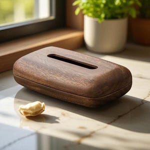 Op de afbeelding: Een rechthoekige houten tissuebox met een donkerbruine afwerking. De box heeft een lange, smalle opening aan de bovenkant voor het afgeven van tissues. Een klein, lichtgekleurd object ligt voor de box.