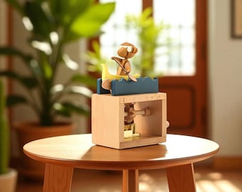 Handmade Beech Wood Monkey Music Box - Rowing Boat Automaton Toy