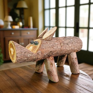Hand Carved Wooden Pig Figurine: Rustic Farmhouse Folk Art Decor