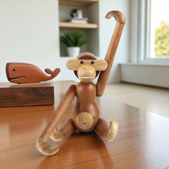 Mid-century Modern Wooden Monkey: Danish Vintage Style Decor