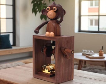 Handcrafted Wooden Monkey Automaton: Kinetic Sculpture Music Box