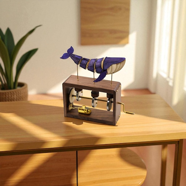 Handcrafted Wooden Whale Music Box: Kinetic Steampunk Sculpture