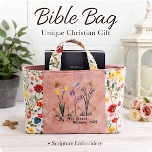 Borsa trapuntata ricamata con Bibbia: regalo cristiano in cotone floreale fatto a mano