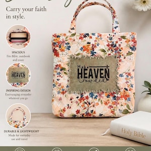 May include: Floral Bible bag with a cream background and colorful flowers. The bag has a green patch with the words "Make Heaven Crowded." The bag has a handle and is next to a white "Holy Bible" book.