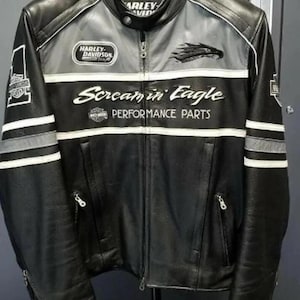 Blouson en cuir vintage Harley-Davidson Screamin Eagle - Blouson de course de moto des années 90 - Véritable manteau de motard - Édition collector noire pour hommes