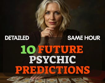 May include: A woman with blonde hair and a dark top sits at a wooden table with tarot cards. The image includes the text "DETAILED", "SAME HOUR", and "10 FUTURE PSYCHIC PREDICTIONS" in white, green, and orange.