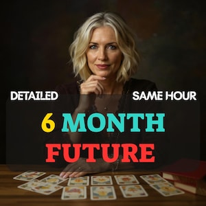 May include: A woman with blonde hair and a dark top is featured in an image with tarot cards on a wooden table. Text on the image reads "DETAILED", "SAME HOUR", "6 MONTH FUTURE". A red book is also visible.