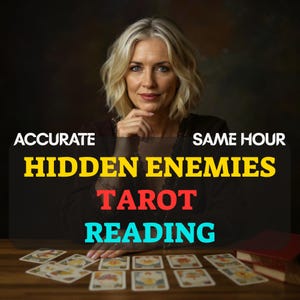 May include: A woman with blonde hair and a dark top is seated at a wooden table. The text on the image reads "Accurate, Same Hour, Hidden Enemies, Tarot Reading." Tarot cards are laid out on the table.