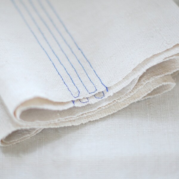 SALE - VINTAGE European Kitchen Towel with Blue Pinstripe Stitching - Homespun Hemp/Cotton