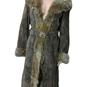 Manteau Long Marron Daim Véritable Et Col Fourrure Lapin Taille S/M Créateur René Derhy Vintage Intérieur Doublé Doudoune y2k Quietluxury