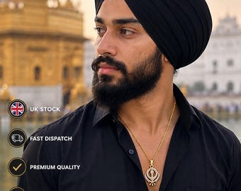 Sikh khanda pendant with rhinestones stunning 24ct gold plated khalsa necklace legend unisex gift