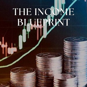 Pode incluir: Imagem da capa de um e-book intitulada "The Income Blueprint" com pilhas de moedas em primeiro plano. O fundo apresenta um gráfico do mercado de ações. O texto "The Financial Freedom Formula" também é visível.
