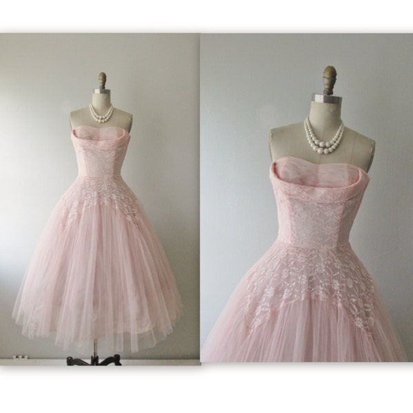 50's Prom Dress // Vintage 1950's Strapless Pink Lace Tulle Wedding Party Prom Dress S