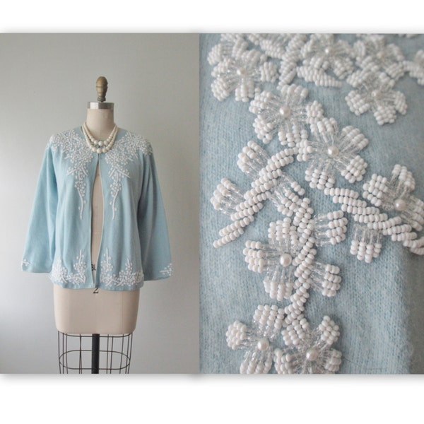 50's Beaded Cardigan // Vintage 1950's Baby Blue Beaded Lambswool Cardigan Sweater L
