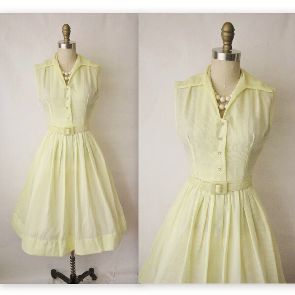 50's Shirtwaist Dress // Vintage 1950's Pale Yellow Chiffon Shirtwaist Garden Party Dress S