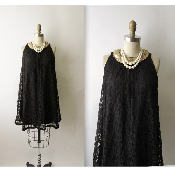 60's Mod Dress // Vintage 1960's Black Lace Sequin A-line Cocktail Party Mini Dress M