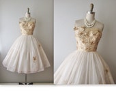 50's Wedding Dress // Vintage 1950's Beaded Gold White Organza Strapless Wedding Prom Dress Tea Gown XS S