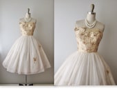 50's Wedding Dress // Vintage 1950's Beaded Gold White Organza Strapless Wedding Prom Dress Tea Gown XS S