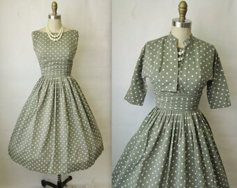 50's Polka Dot Dress Set // Vintage 1950's Dotted Full Garden Party Mad Men Dress Jacket Set XS