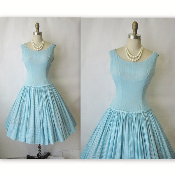 50's Gingham Dress // Vintage 1950's Aqua Gingham Cotton Garden Party Mad Men Day Dress S M