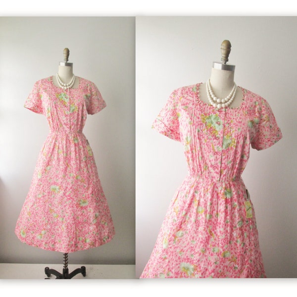 50s Floral Dress // 1950's Vintage Deadstock Floral Print Cotton Mad Men Casual Shirtwaist Day Dress NWT Tags M L