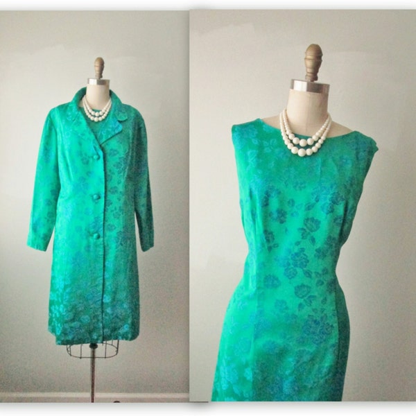 50's Cocktail Dress Set // Vintage 1960's Emerald Brocade Fitted Cocktail Party Mad Men Dress Jacket Set L