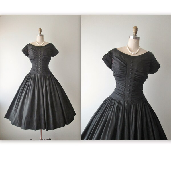50's Ruched Taffeta Dress // Vintage 1950's Ruched Black Taffeta Full Cocktail Party Evening Dress S