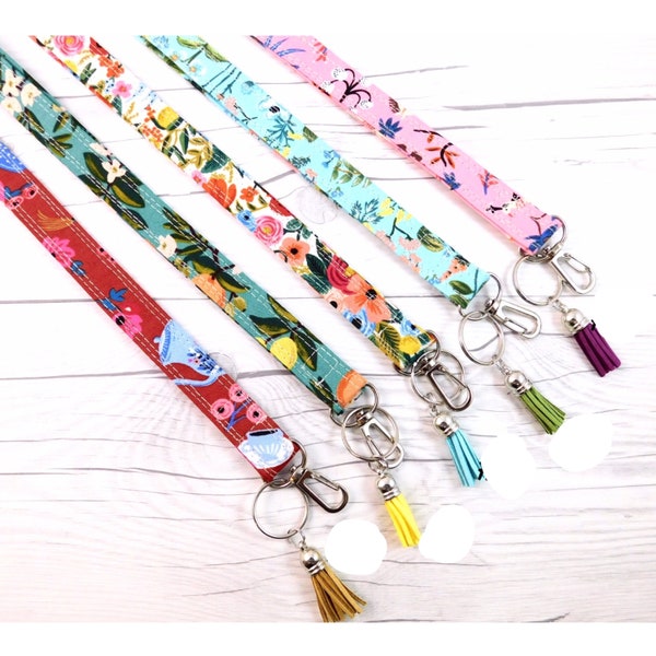 Rifle Paper Co Lanyard/Floral Fabric/ ID Badge Holder/ Name Tag/ Long Keychain/ Lanyard with Swivel Clip/ Floral/ Leather Tassel/ Teacher