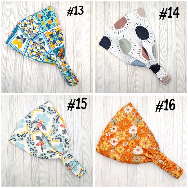 May include: Four headbands with different patterns are displayed. One has a blue and yellow tile design, another has a white background with sun-like shapes, a third has a dragonfly pattern, and the last has an orange floral print. Each headband is labeled with a number.