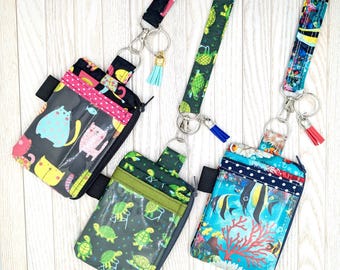Cordão com zíper para carteira, porta-crachá de identificação, cordão de bolso transparente para professores, alunos, cordão de identificação de enfermeira, cordão destacável, Rifle Paper Co & Cute Fabric
