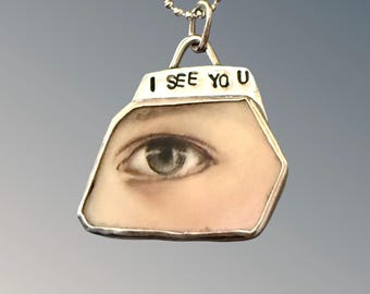 Ceramic Eye Pendant, Sterling Silver Necklace, Artisan Made, Robin Wade Jewelry, 3295