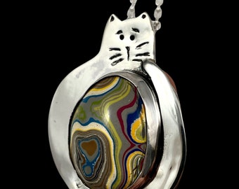 Cat Lover Gift, Fordite Cat Necklace, Gift For Her, Sterling Cat Necklace, Fordite, Unique Jewelry, Gift For Mom, Robin Wade Jewelry, 3232