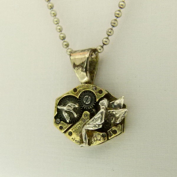 Angel Taylor Watches The Time Fly By - Up Cycled Sterling, Watch Parts, And PMC - Art Jewelry Pendant - 935