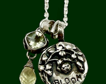 Sterling Silver Flower Button Necklace, Citrine Dangle, 'Bloom' Charm, Jewelry For Women and Girls, Unique Gift, Robin Wade Jewelry, 3284