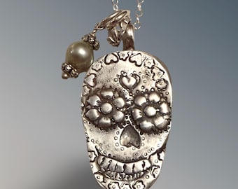 Sterling Silver Sugar Skull Necklace, Día de los Muertos Pendant, Upcycled Jewelry, Gift for Women, Robin Wade Jewelry, 3299