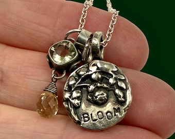 Sterling Silver Flower Button Necklace, Citrine Dangle, 'Bloom' Charm, Jewelry For Women and Girls, Unique Gift, Robin Wade Jewelry, 3284